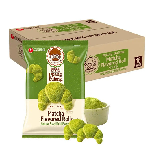 Nongshim Ppang Bujang Matcha Roll Snack, Crispy Korean Pastry with Matcha Flavor 1.94 Oz (Pack of 16)