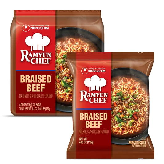 Nongshim Ramyun Chef, Instant Ramyun Noodles with Soup Mix, Braised Beef, 4.02 Oz (Pack of 4)