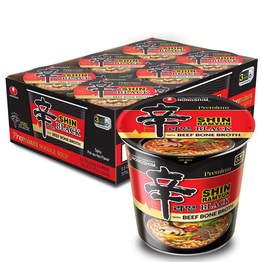 Nongshim Shin Ramyun Black Cup of Noodles, Spicy Korean Signature Instant Ramyun, Rich Beef Bone Broth, Pantry Essential Korean Noodles, Quick and Easy, Microwaveable Cup, 3.56 oz (Pack of 6)