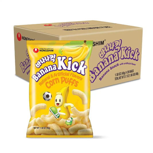 Nongshim Banana Kick Puff Snack - Crispy Corn Puff with Banana Flavor, Soft and Sweet Fruit Snack for All Ages, K-Pop Favorite Korean Treat, 1.58 oz (Pack of 20)