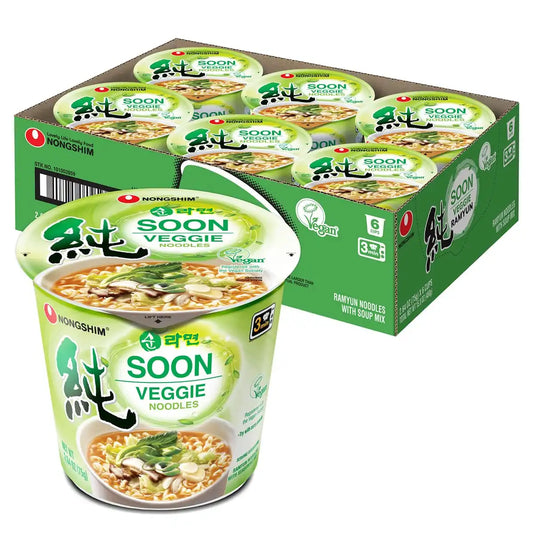 Nongshim Soon Veggie Ramyun Noodles, Signature Korean Instant Ramyun, Vegetable Flavored Broth, Vegan Noodles, Quick & Easy, Microwaveable Cup, 2.64 oz (Pack of 6)