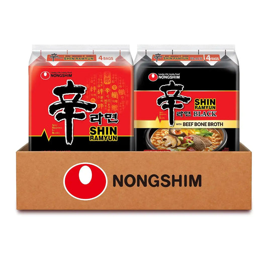 Nongshim Shin Ramyun & Shin Black, Spicy Korean Ramen Noodles, 8 Packs