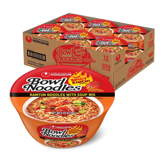 Nongshim Ramen Noodles, Gourmet Instant Ramen bowl, Premium Microwavable Noodle Soup, Kimchi, 3.03 Ounce (Pack of 12)