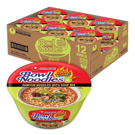 Nongshim Bowl Noodle Chipotle Shrimp, Instant Ramen, 3.03 Oz (Pack of 12)