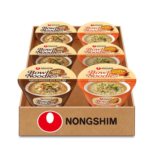 Nongshim Savory Beef & Savory Chicken Bowls, Instant Ramen, 6 Count