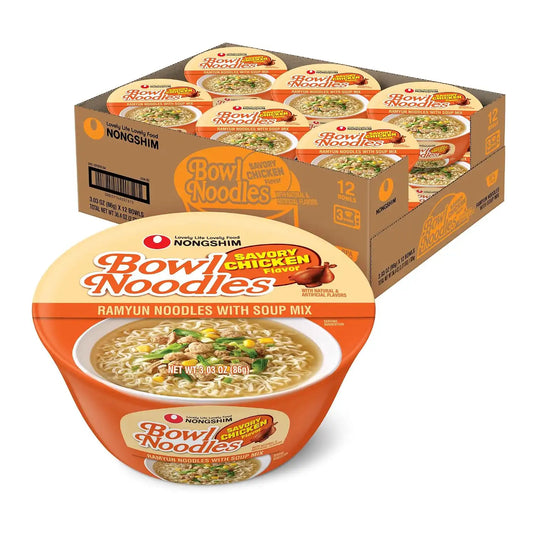 Nongshim Savory Chicken Soup Instant Ramen, 12 Pack, Microwaveable Bowl Soup Mix, Korean Ramyun with Cabbage & Carrots, Sabor a Pollo