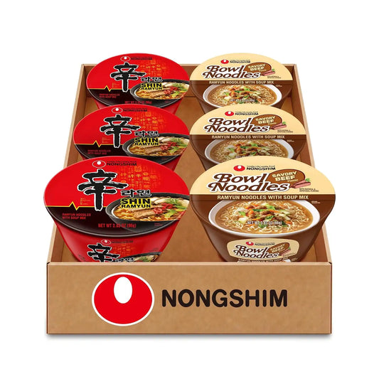 Nongshim Shin Ramyun Bowl & Savory Beef Bowl, Korean Ramen, 6 Count