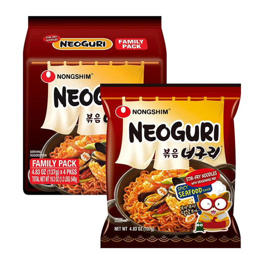 Nongshim Neoguri Stir-Fry, Spicy Seafood Korean Ramen Noodles, 4 Pack