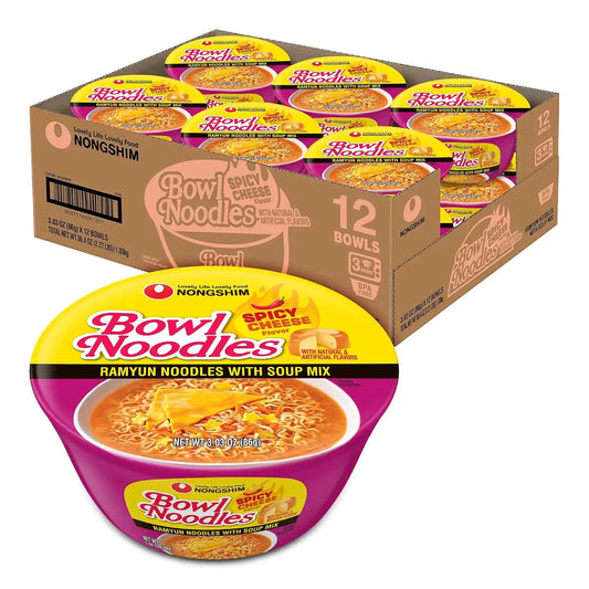 Nongshim Bowl Noodle Spicy Cheese, Instant Ramen, 3.03 Oz (Pack of 12)