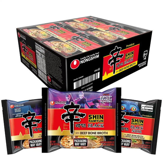 Nongshim Shin Ramyun Black Noodles, Spicy Korean Signature Instant Ramyun, Rich Beef Bone Broth, Pantry Essential Korean Noodles, Quick and Easy, 4.58 oz (Pack of 16)