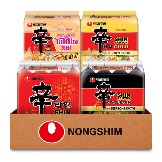 Nongshim Shin Ramyun 4-Flavor, Spicy Korean Ramen Variety Pack, 16 Packs