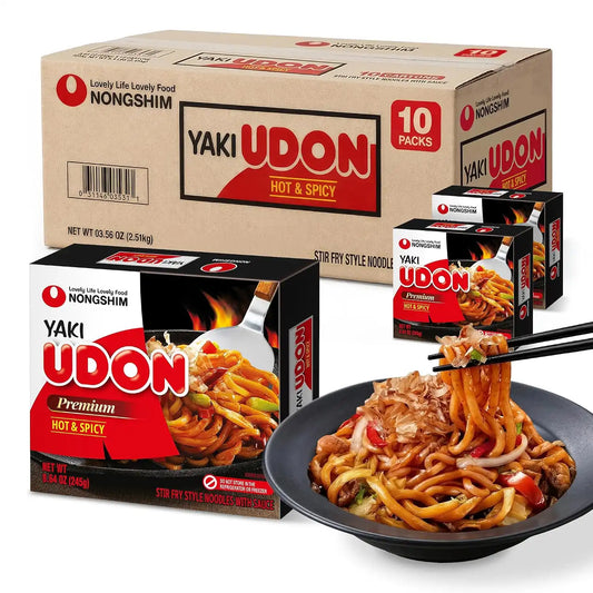 Nongshim Yaki Udon Hot & Spicy, Stir-Fry Korean Udon Noodles, 10 Pack