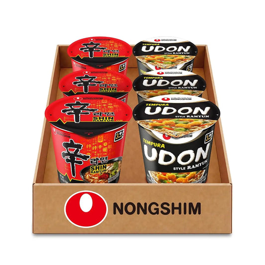 Nongshim Shin Ramyun Cup & Tempura Udon Cup, Korean Noodles, 6 Count