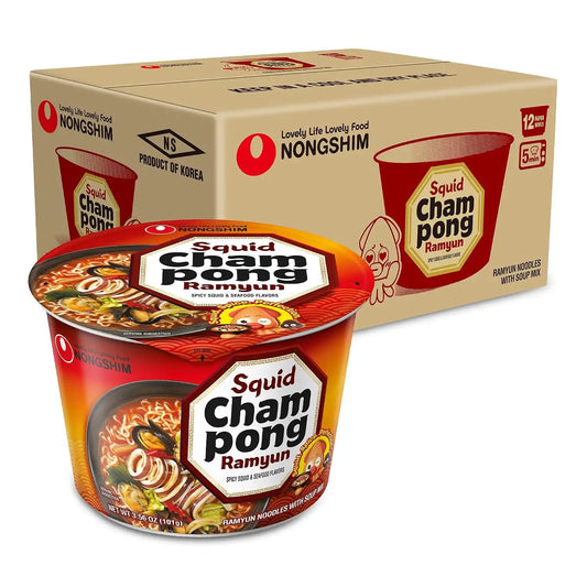 Nongshim Squid Champong, Spicy Seafood Instant Ramen Bowl, 12 Count