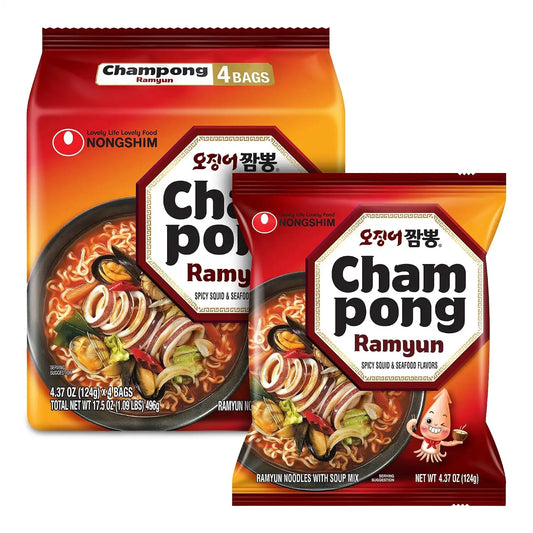 Nongshim Squid Champong, Spicy Seafood Korean Ramen Noodles, 4 Pack