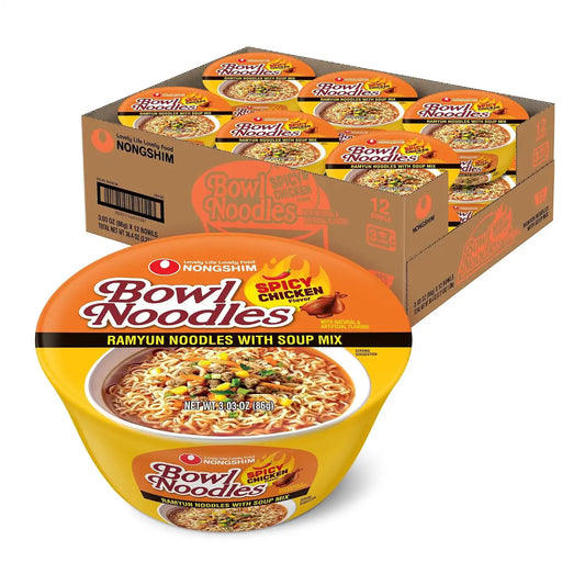 Nongshim Spicy Chicken Noodle Soup Instant Ramen, 12 Pack, Korean Microwaveable Bowl Soup Mix, Ramyun with Veggies, Sabor a Pollo