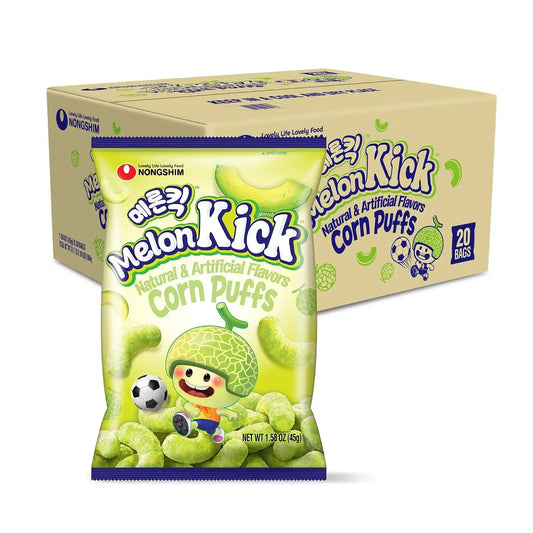 Nongshim Melon Kick Puff Snack - Sweet and Crispy Corn Puff with Creamy Melon Flavor - Crunchy and Smooth Fruit Puff, Light Korean Snack, 1.58 oz (Pack of 20)